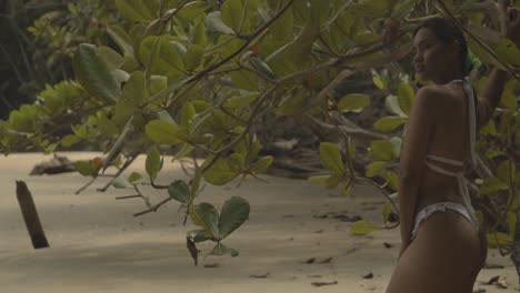 A-young-girl-stands-seductively-behind-an-almond-tree-in-an-epic-nature-video-shoot