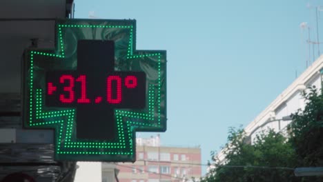 LED-Pharmacy-cross-temperature-display-in-Celcius-on-summer-morning
