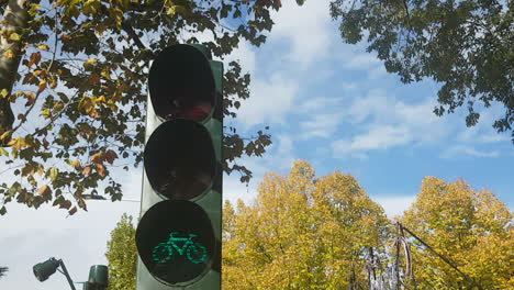 Steady-shot-of-a-green-ligtning-traffic-light-for-cyclists-with-golden-trees-in-the-backgorund