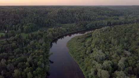 Flying-over-the-river,-following-its-course-between-dense-forest