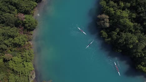 Aerial-view-above-canoe,-kayak-rowers-navigating-woodland-lake-waters,-training---cruising-river