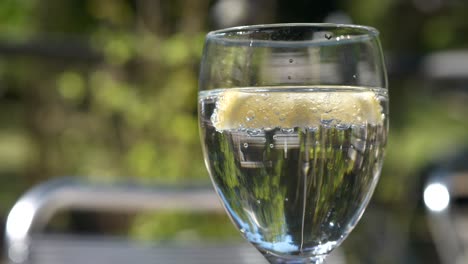 Sparkling-clear-beverage-in-wine-glass-with-lemon-wedge