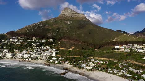 Aerial-Shot-of-Lion's-Head-Peak-With-Clifton-Beach-in-Foreground