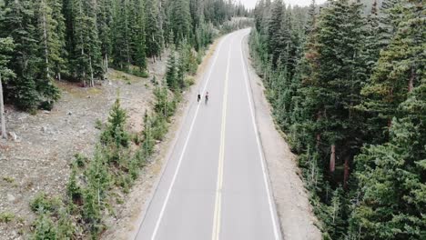 Aerial-pan-down-shot-of-two-cyclists-near-Evergreen-Colorado,-USA