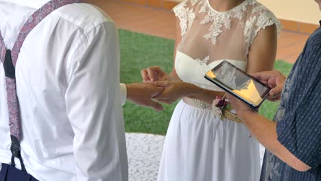 Bride-exchanges-wedding-rings-at-celebration-as-priest-reads-from-table-technology