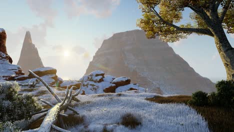 Winter-scenery,-natural-environment-with-mountains,-snow-falling,-broken-trees,-and-snowed-cliffs-3D-photorealistic-animation-sunset-time