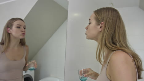 Woman-rinsing-mouth-with-mouthwash-in-bathroom