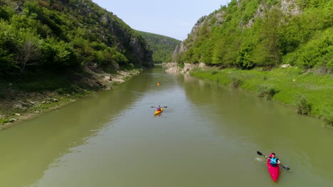 Group-of-kayaks-on-the-River-Drin,-Kosovo