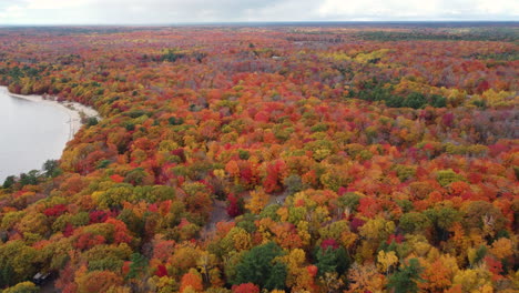 Aerial-View-Of-Killbear-Provincial-Park-During-Autumn-Season-On-Georgian-Bay-In-The-Parry-Sound,-Ontario,-Canada