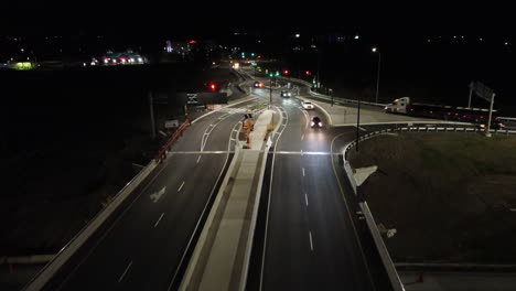 Aerial-Flying-Over-Diamond-Interchange-At-Night-On-The-Queen-Elizabeth-Highway-at-Glendale-Avenue-in-Niagara-Falls