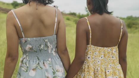 Intimate-slow-motion-shot-of-two-girls-holding-hands-and-walking-away-into-the-field-with-tall-grass