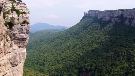 Luftaufnahme-über-Die-Felsformation-Klippe-Enthüllt-Die-Dichte-Regenwald-Dschungel-Gebirgstal-Szene