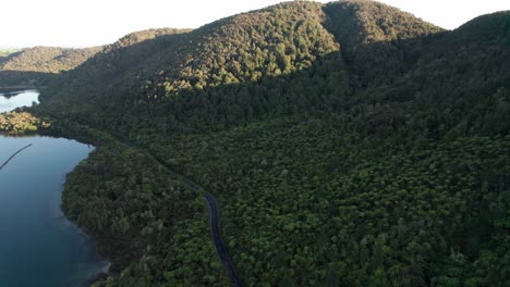 Volando-De-Lado-Sobre-El-Lago-Azul-Y-El-Arbusto-De-Helecho-Nativo-En-Rotorua,-Nueva-Zelanda