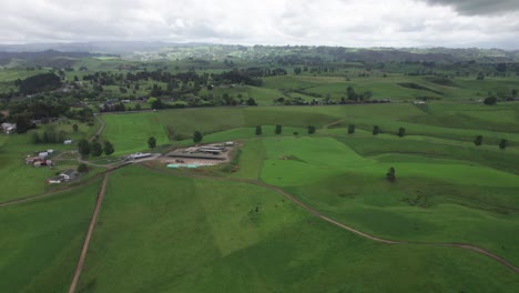 flying-over-green-farmlands-toward-the-road-in-Waikato,-North-Island-New-Zealand