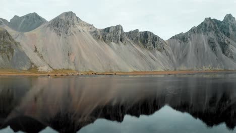 Reflection-of-rugged-Vestrahorn-mountain-on-wet-black-sand-beach-Stokksnes-in-Iceland