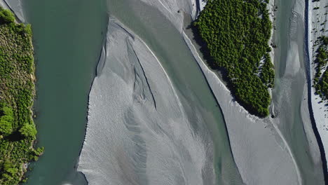Topdown-Of-River-Delta-In-Glenorchy,-New-Zealand