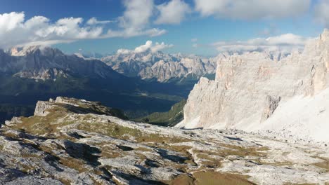Aerial-mountain-landscape-in-Dolomites,-flying-over-the-ridge-at-Croda-Da-Lago-Mountain,-Cortina-d'Ampezzo