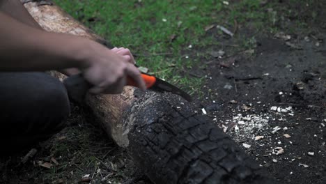 Cutting-wood-with-a-saw-for-campfire-in-Transfagarasan,-Romania