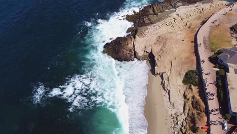 Luftaufnahme-Von-La-Jolla,-Während-Leute-Beobachten,-Wie-Seelöwen-Schwimmen-Und-Sonnenstrahlen-Auf-Den-Felsen-Einfangen