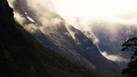 Rainforest-evaporating-in-fiordland-milford-sound,-New-Zealand,-timelapse