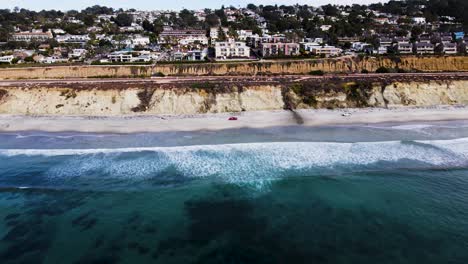 Spectacular-aerial-view-of-Delmar-coastline-and-red-lifeguard-truck