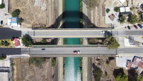 Birds-eye-view-drone-symmetrical-shot-of-Greece,-Corinth-Canal-in-Zenit