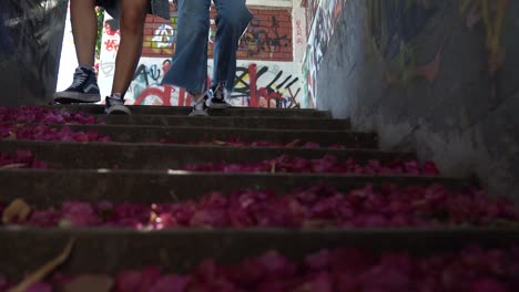 Two-youths-walking-down-a-graffitied-city-staircase-covered-in-beautiful-pink-leaves
