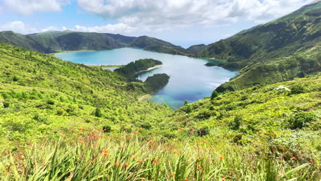 Impresionante-Vegetación-En-Las-Azores-Con-Vista-Panorámica-Al-Lago-Del-Cráter