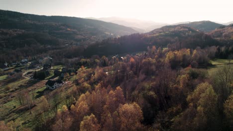 Luftaufnahme-Des-Bunten-Herbstwaldes-Bei-Sonnenuntergang