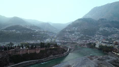 Red-fort-Muzaffarabad-and-river-neelum,-Chehla-Bridge-and-city-Muzaffarabad
