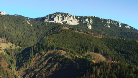 Luftparallaxe-Umkreist-Kalksteinfelsen-über-Wald,-Hasmasgebirge,-Rumänien