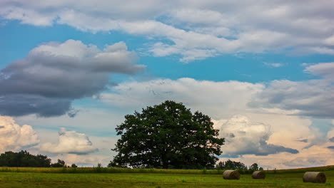 Dynamische-Wolkenlandschaft-über-Einem-Heufeld-Und-Einem-Baum-Auf-Dem-Ackerland---Zeitraffer