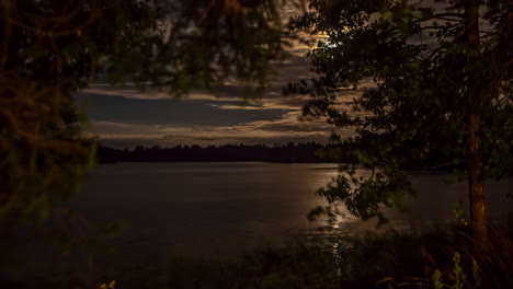 Timelapse-of-lake-in-bright-moonlight-with-leaves-in-the-foreground-making-a-frame