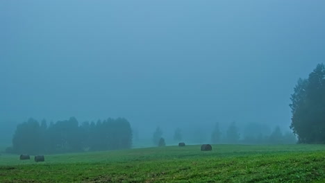 Atmospheric-Landscape-Of-Countryside-Fields-With-Hay-Bale-Rolls-During-Misty-Morning