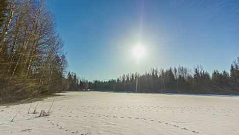 Static-shot-of-white-frozen-lake-surrounded-by-coniferous-trees-with-sun-rising-in-the-background-over-yellow-sky-during-morning-time-in-timelapse