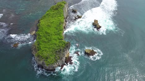Reveal-drone-footage-of-coral-rock-overgrown-green-grass-in-the-middle-of-the-beach