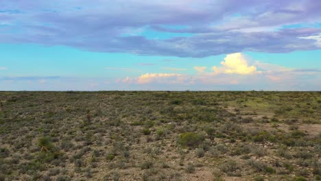 Drone-Sobre-El-Desierto-Con-Nubes-Y-Maleza-Baja