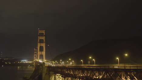 Time-lapse-of-the-side-of-the-Golden-Gate-Bridge-at-night-as-traffic-crosses-bridge-located-in-San-Fransisco-California