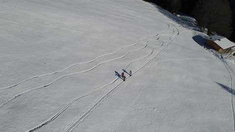 Toma-Aérea-De-Un-Grupo-De-Excursionistas-Con-Raquetas-De-Nieve-En-Las-Montañas-De-Austria