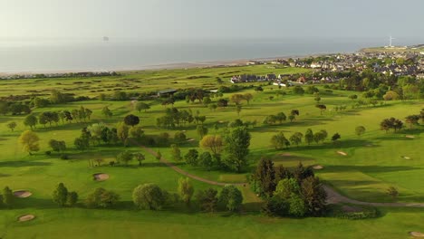 Aerial-View-of-Scoonie-Golf-Course-in-Fife,-Scotland
