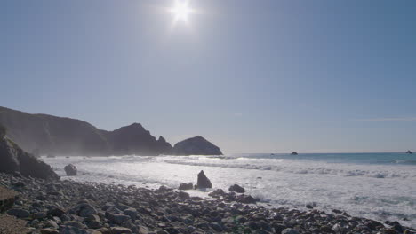 Time-lapse-ground-level-shot-of-the-shore-of-Big-Sur-beach-with-calming-waves-rolling-in-located-in-California