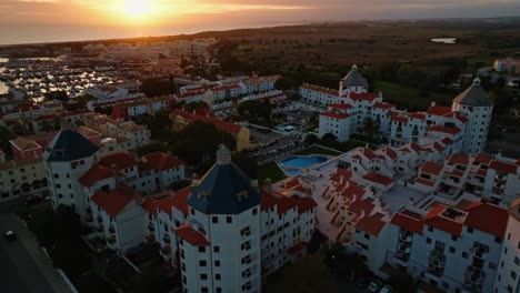 Aerial-footage-of-a-european-town-during-sunset