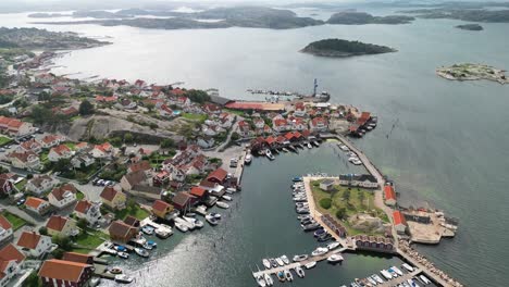 Fjallbacka,-Sweden-Town-and-Harbor-Flyover