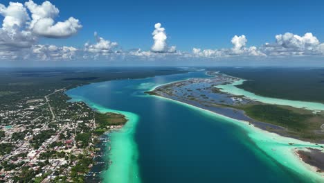 Aerial-view-overlooking-the-Bacalar-lagoon-and-town-in-sunny-Quintana-roo,-Mexico