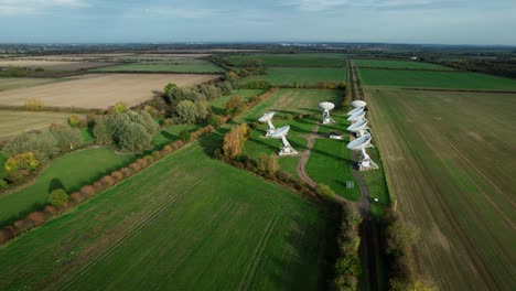 Mullard-MRAO-radio-telescope-observatory-on-Cambridge-farming-landscape-aerial-orbit-view
