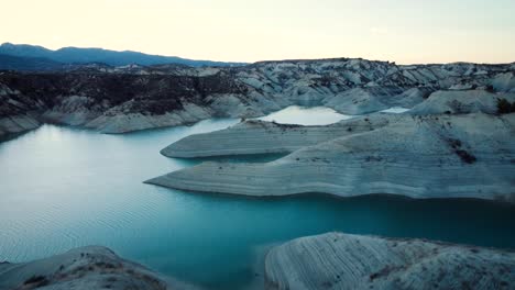 Sunset-in-the-Gebas-ravines-in-the-region-of-Murcia,-Spain,-with-its-canyons-and-its-lake