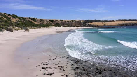 Isla-Canguro-Stokes-Bay-Aérea-Con-Playa-Vacía-Y-Olas-Oceánicas,-Sur-De-Australia