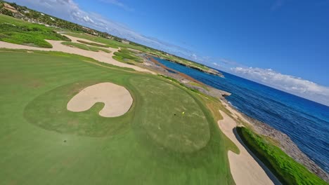 FPV-Of-Los-Corales-Golf-Course-And-Its-Scenic-Surroundings-In-Punta-Cana,-Dominican-Republic---drone-shot