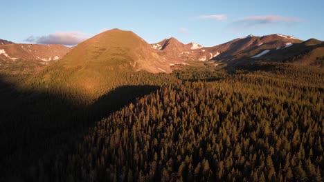 Aerial-View-of-Sunrise-Above-Mountain-Hills-and-Forests,-Tenmile-Range,-Colorado-USA