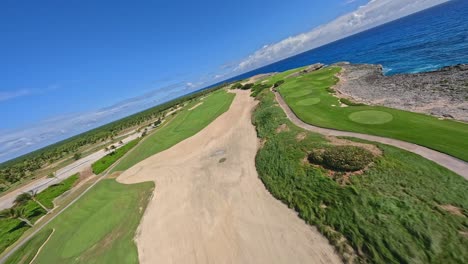 Idyllic-Surroundings-Of-Los-Corales-Golf-Course-In-Punta-Cana,-Dominican-Republic---aerial-FPV